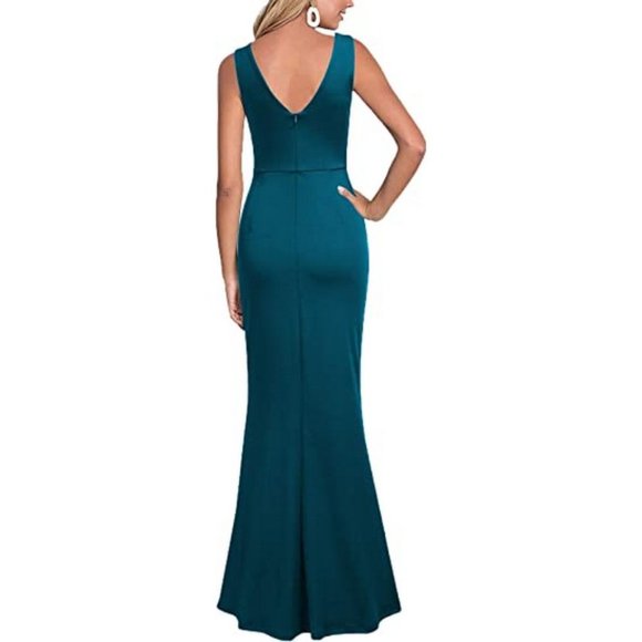 WOMEN sleeveless V neck split evening cocktail long dress, teal color - Picture 2 of 3